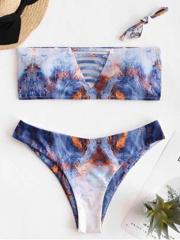 Sexy Strapless Hollow Printing Split Type Bikini Swimsuit