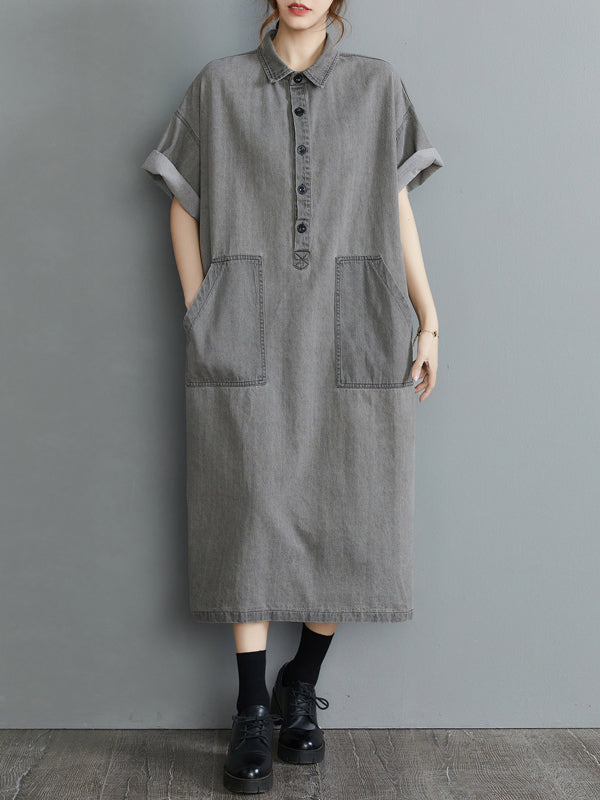 Artistic Retro Split-Joint Lapel Short Sleeves Loose Shirt Dress