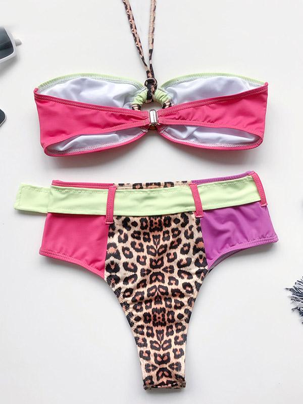 Leopard Print Split-Joint Belted Split Bikini Swimsuit