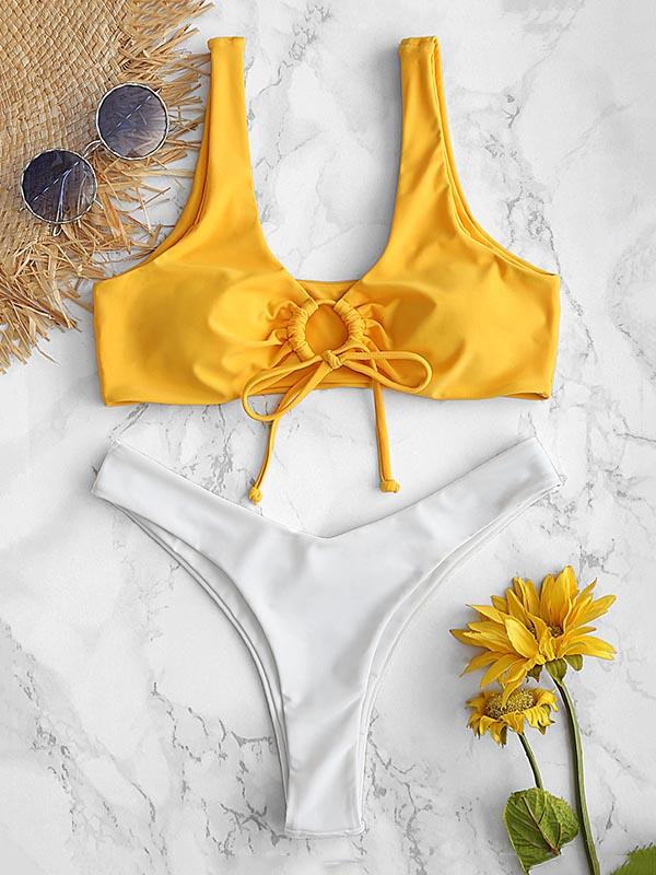 Sexy Drawstring Hollow Split Type  Bikini Swimsuit