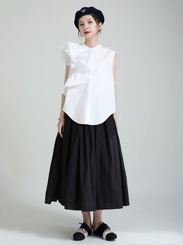 Urban Solid Color Split-Joint Mesh Pleated A-Line Skirt