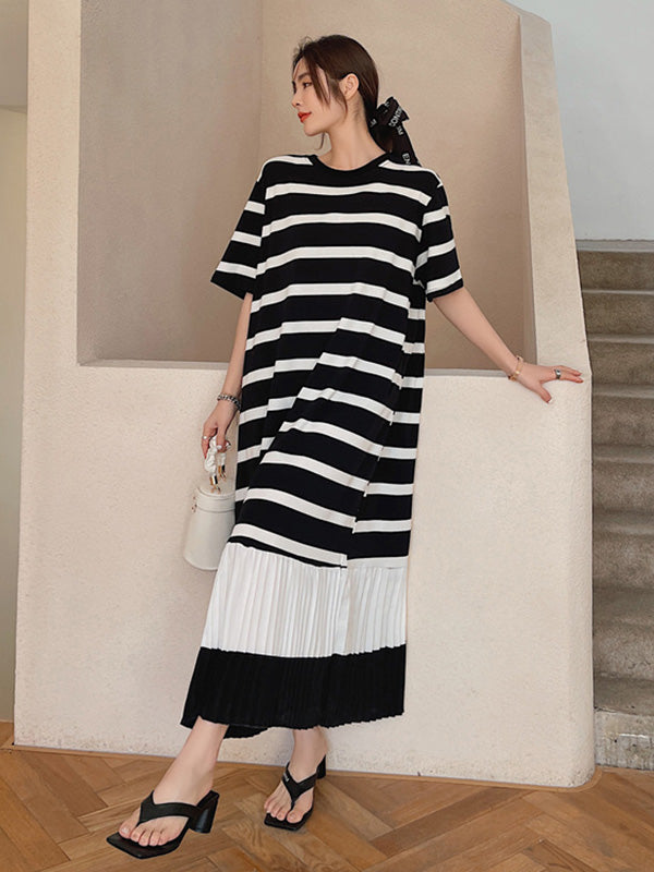 Original Split-Joint Pleats&Stripe Round-Neck Short Sleeve Midi Dress