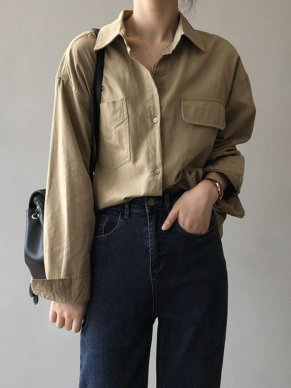 Causal Simple Solid Color Split-Joint With Pocket Buttoned Lapel Collar Long Sleeves Blouse