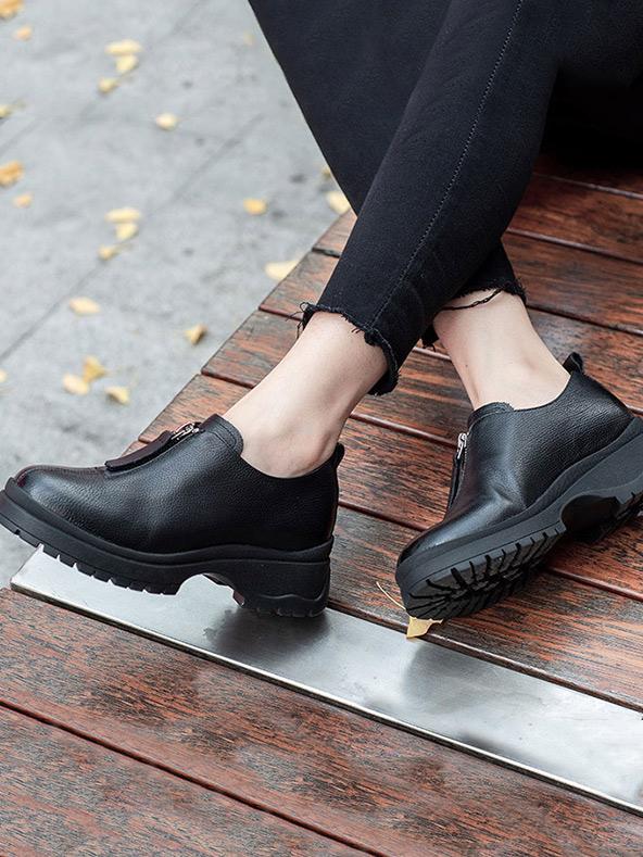 Leather Round Head Zipper Flats Shoes