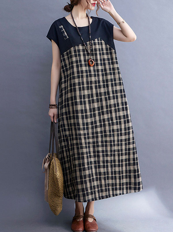 Vintage Plaid Split-Joint Round-Neck Midi Dress