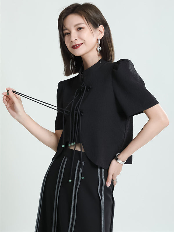 Original Stand Collar Puff Sleeves Black Split-Joint Blouse