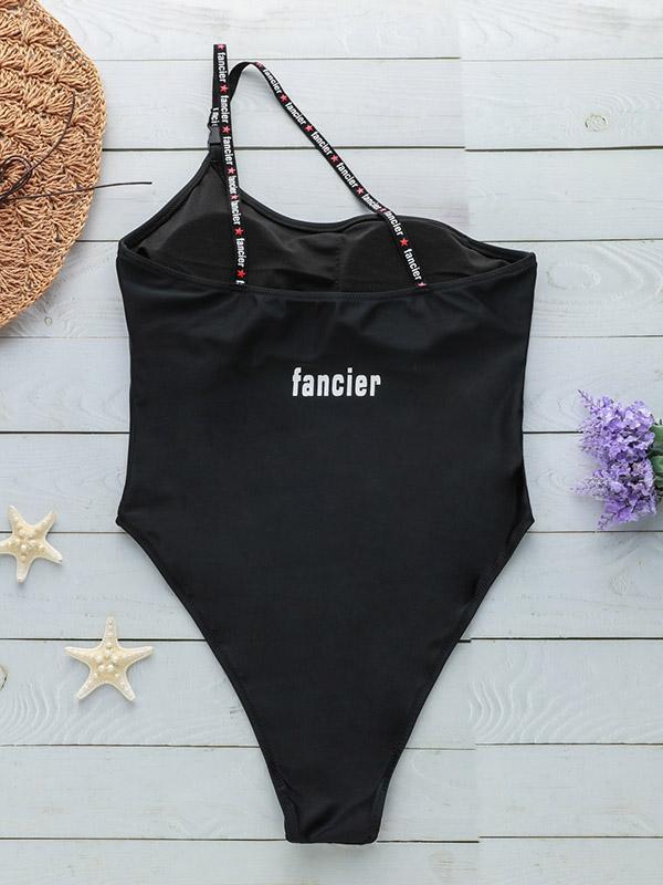 Plain Single Shoulder One-piece Swimwear