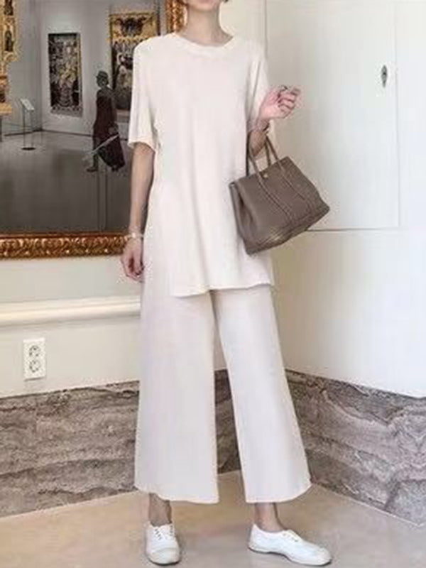 Casual Solid Color Split-Side Round-Neck Half Sleeves T-Shirt+Wide Leg Pants 2 Pieces Set