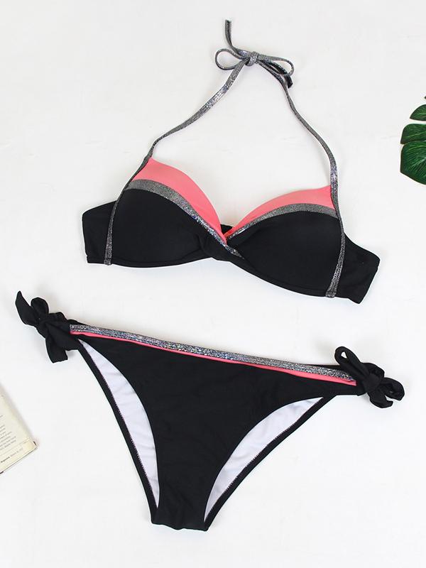 Plus Size Contrast Color Lace-up Bikini Set