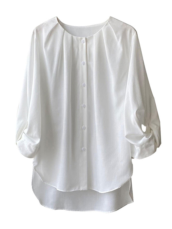 Casual Solid Color Pleated Buttoned Round-Neck Puff Sleeves Blouse