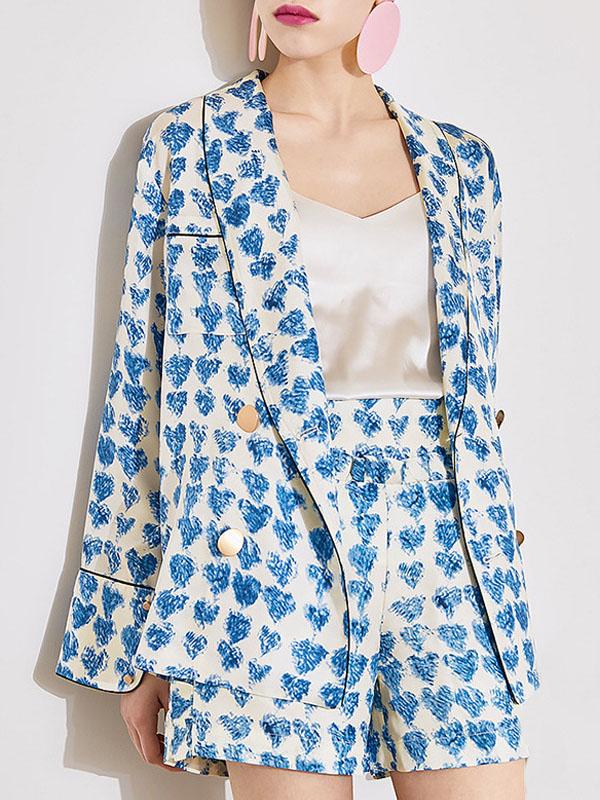 Loose Printed Double-breasted Tops + Wide Leg Shorts Suit