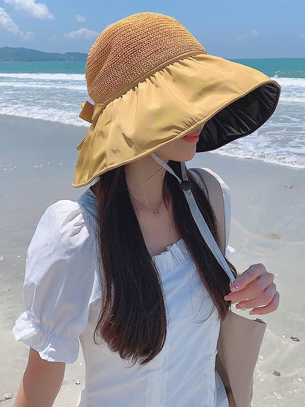 Vacation Weave Bow-Embellished Sun Protection Caps