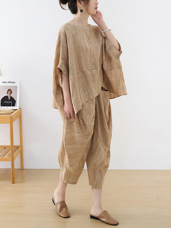 Vintage Linen Loose Split-Joint Round-Neck Batwing Sleeves T-Shirt+Elasticity Wide Leg Pants 2 Pieces Set