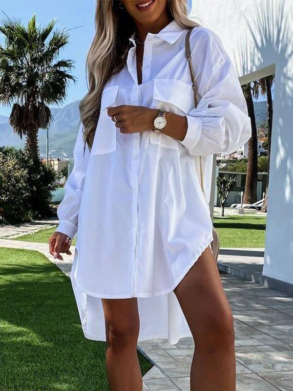 Casual Long Sleeves High-Low Solid Color Lapel Mini Dresses Blouses Shirt Dress