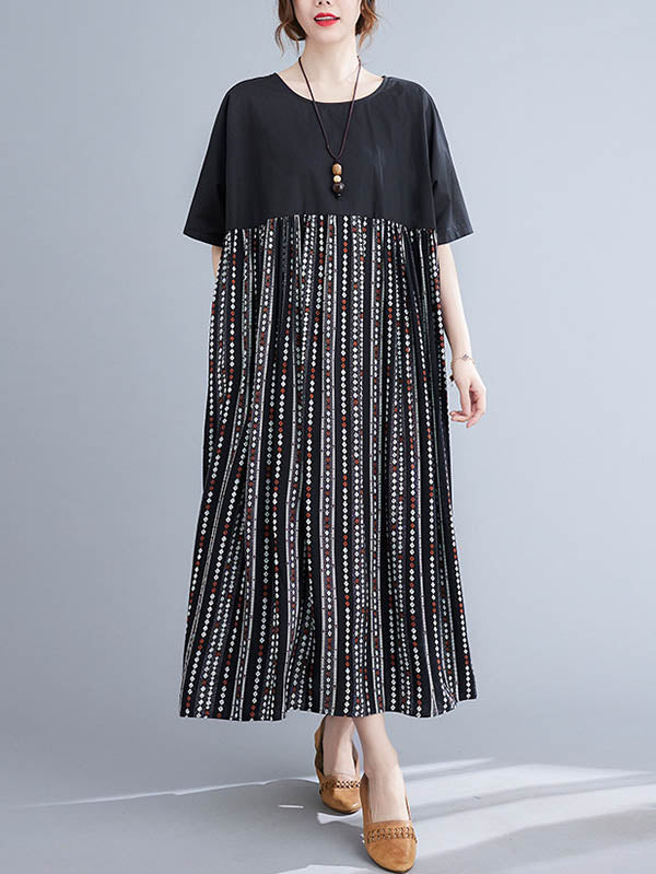 Casual Split-Joint Printed Round-Neck Half Sleeves Loose Midi Dress