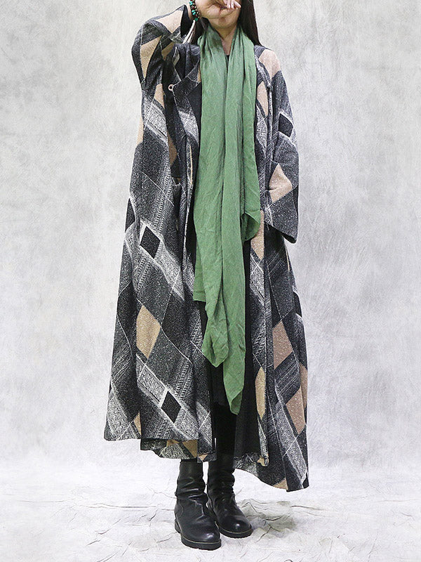 Artistic Retro Plus Size Plaid Long Sleeves Coat