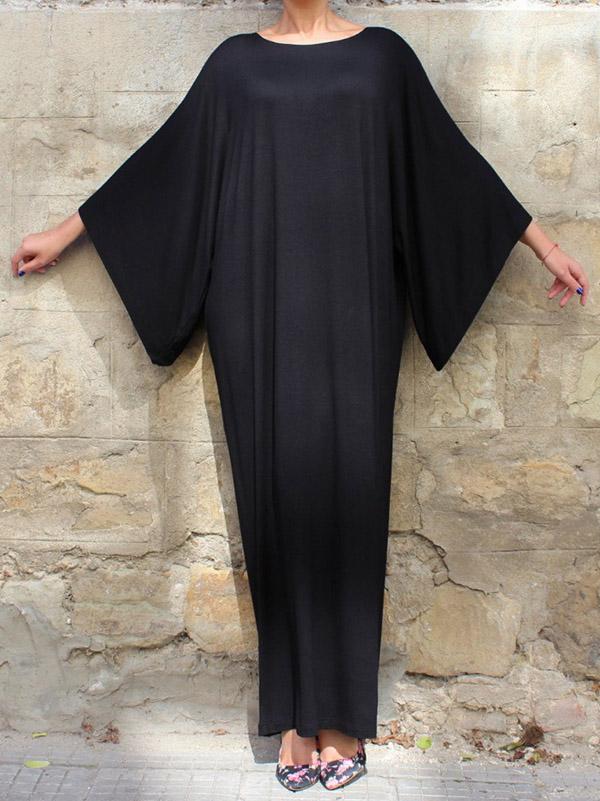 Black Simple Flared Sleeves Round-neck Long Dress