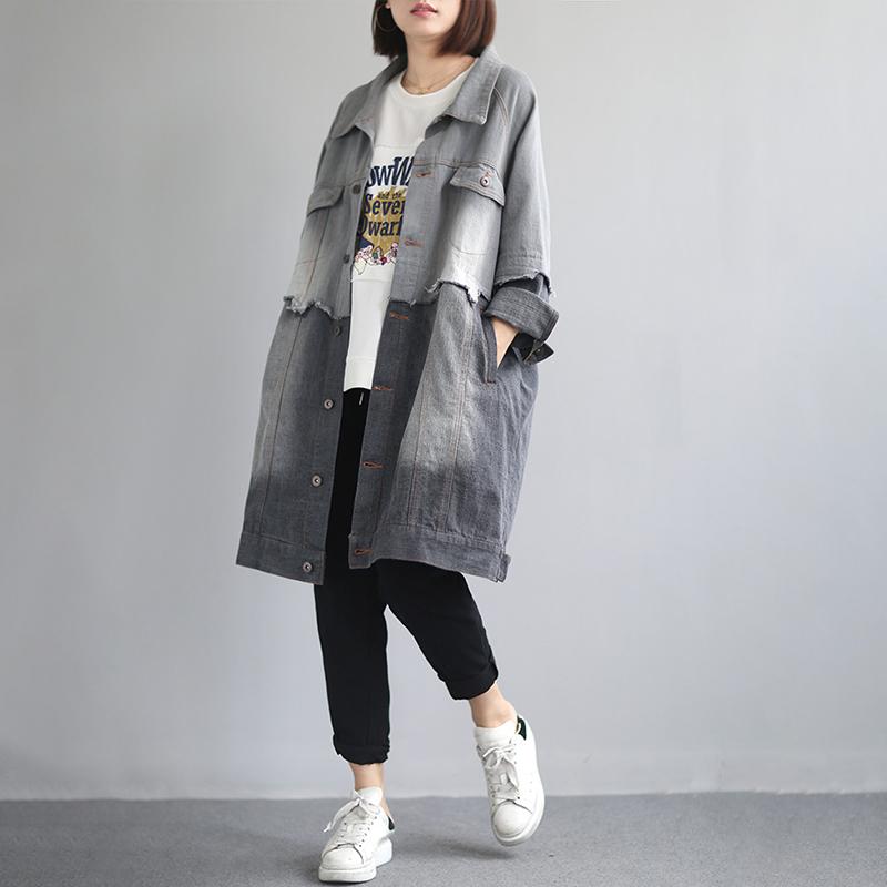 Buykud Color Matching Spliced Casual Denim Trench Coat