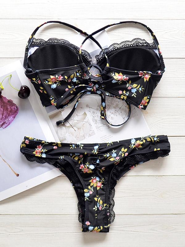 Floral-Print Hollow Split Bikini Swimsuit