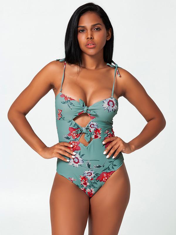 Sexy Strapless Knotted Printing One-Piece Bikini Swimwear