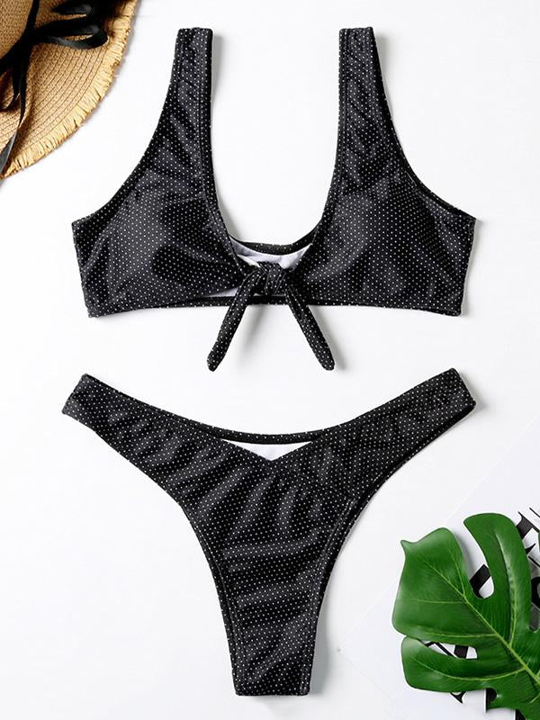 Polka-Dot Knotted Split Bikini Swimsuit