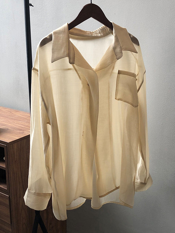 Simple Loose Long Sleeves Solid Color Thin Blouse