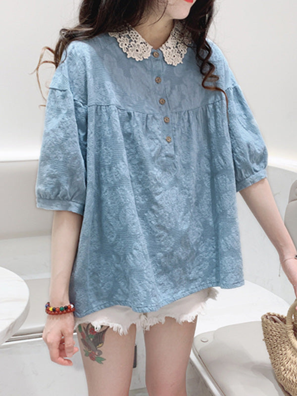 Casual Lace Ramie Cotton Embroidered Split-Joint Round Neck T-Shirt