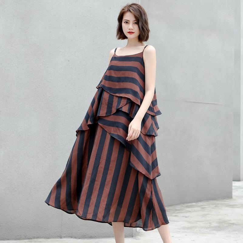 Cotton Vintage Striped Loose Slip Dresses