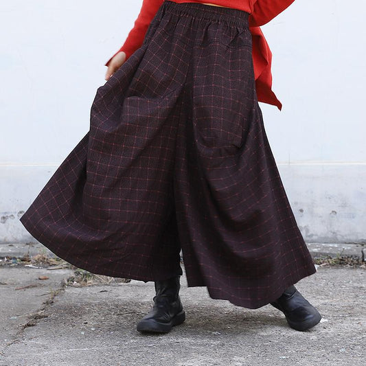 Buykud Casual Plaid Irregular Wide Leg Pants