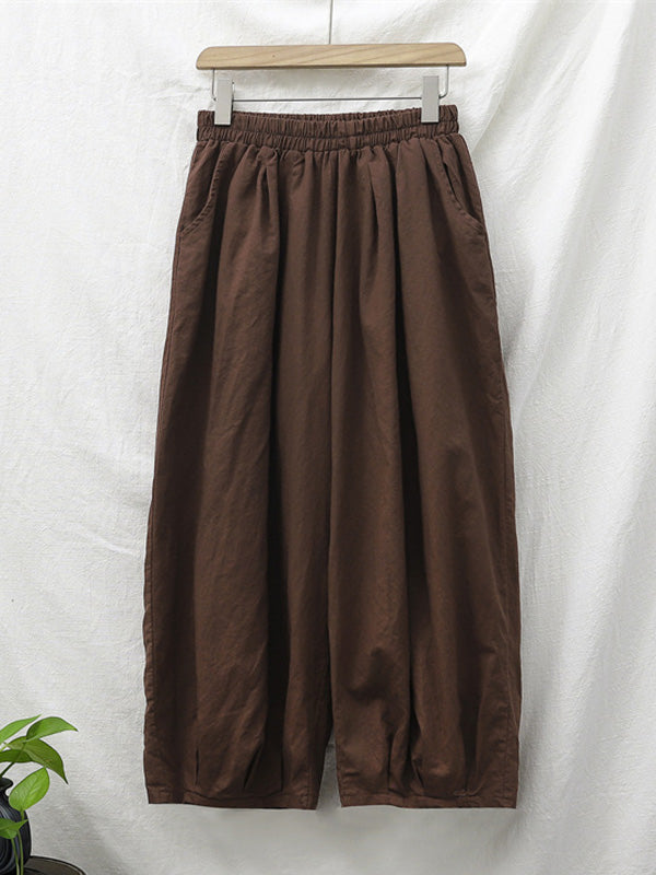 Simple Loose Linen Solid Color Pleated Drawstring Wide Legs Knickerbockers