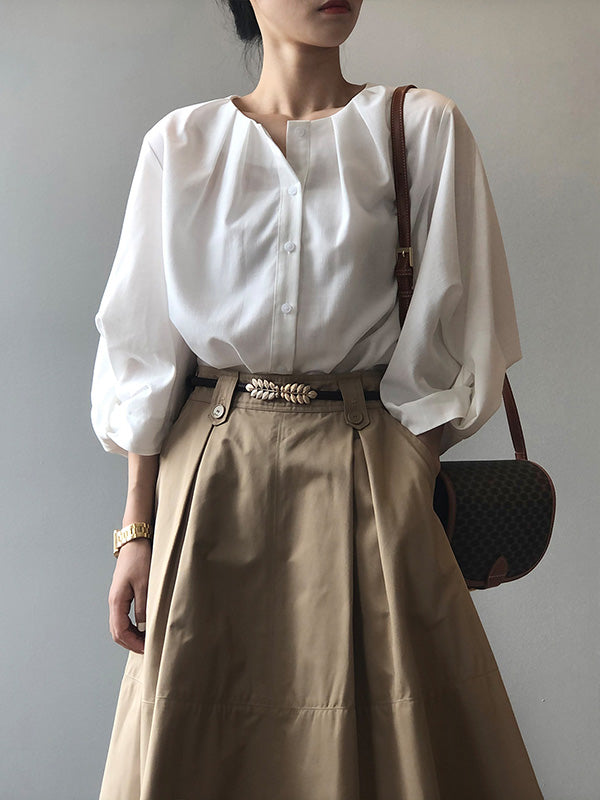 Casual Solid Color Pleated Buttoned Round-Neck Puff Sleeves Blouse