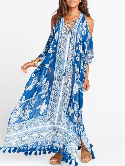 Blue White Printed Loose Plus Size Tasseled Bikini Cover-ups