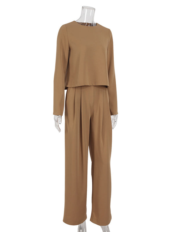 Casual Solid Color Round-Neck Long Sleeves T-Shirt+Wide Leg Pants 2 Pieces Set