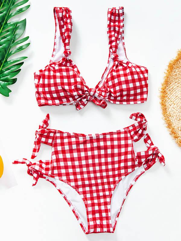 Plaid-Print Knotted Split Bikini Swimsuit