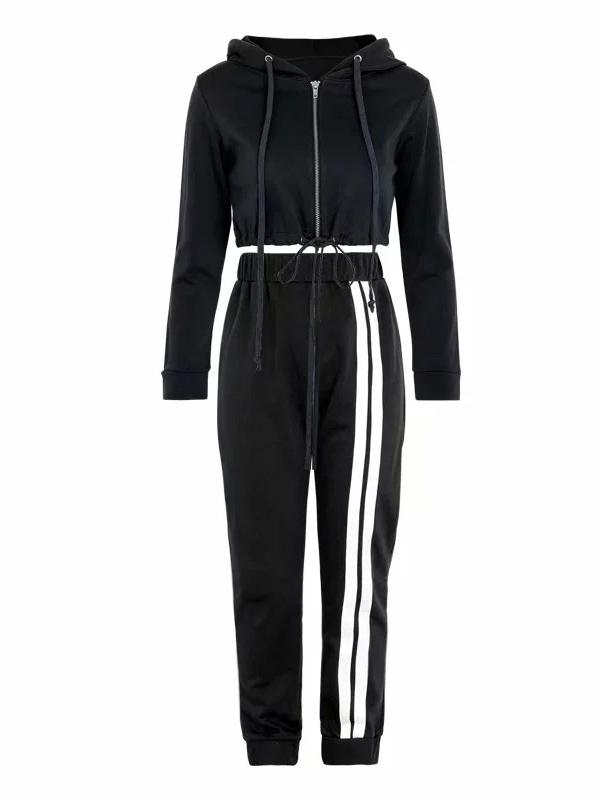 Zipper Hooded Sweatershirts And Striped Track Pants Suits