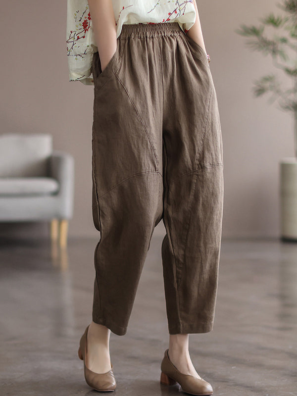 Simple Linen Solid Color Split-Joint Harem Pants