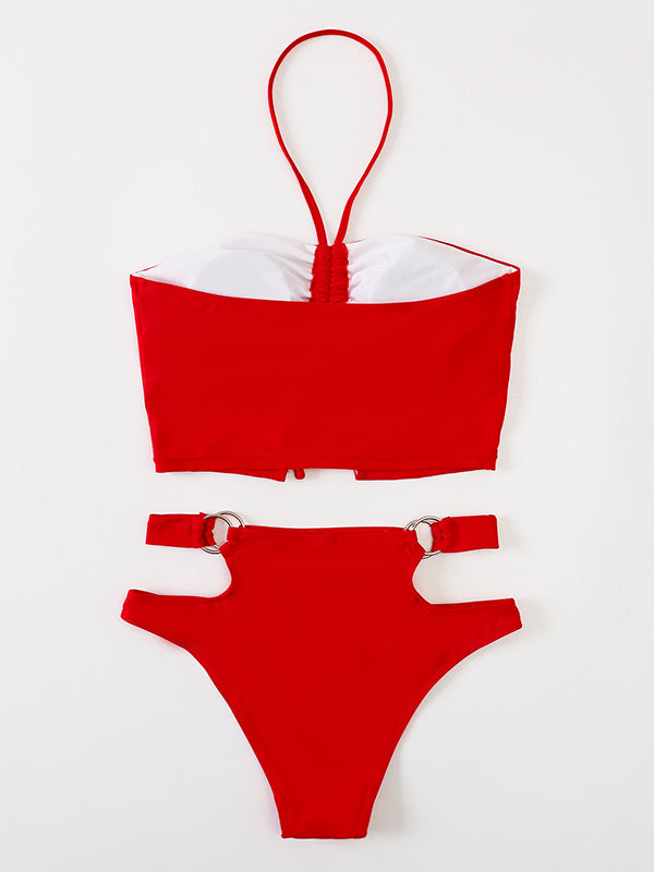 Red Hollow Drawstring Halterneck Bikini Swimsuit