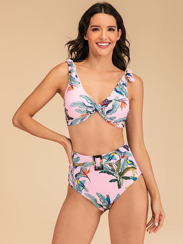 Sexy V-Neck Knotted Waistband Printing Split Type Bikini Swimsuit