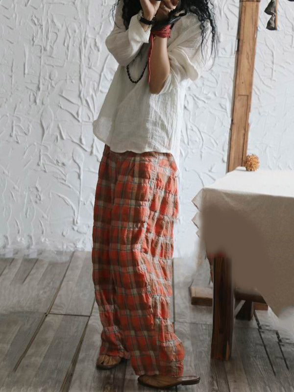 Casual Ramie Cotton Plaid Wide Leg Loose Pants