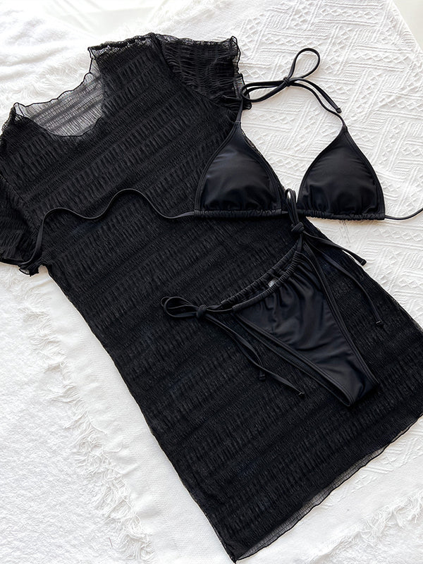 See-Through Black Bikini Swimwear Three Pieces Set