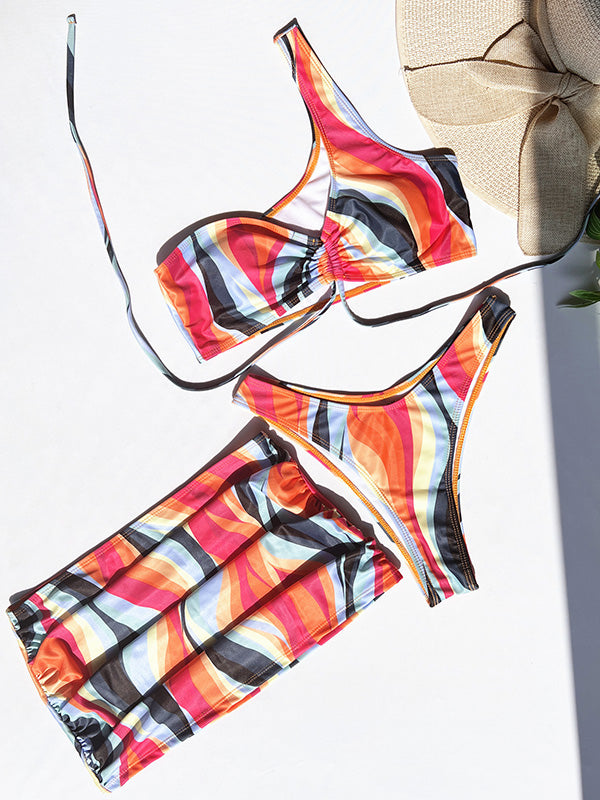 Three Pieces One Shoulder Printed Multicolor Bikini Swimwear