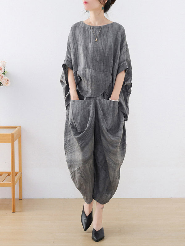 Vintage Linen Loose Split-Joint Round-Neck Batwing Sleeves T-Shirt+Elasticity Wide Leg Pants 2 Pieces Set