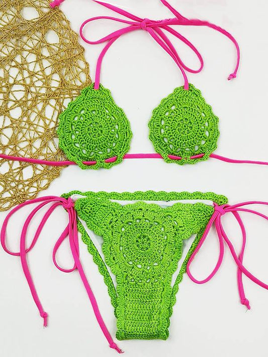 Sexy Crochet Bandage Split Bikini Swimsuit