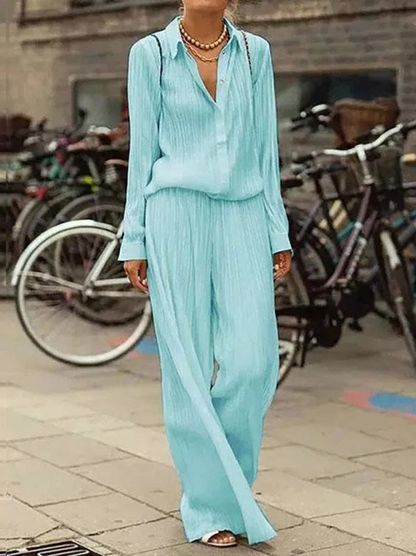 Simple Lapel Long Sleeves Blouse + Wide Leg Pants 2 Pieces Set