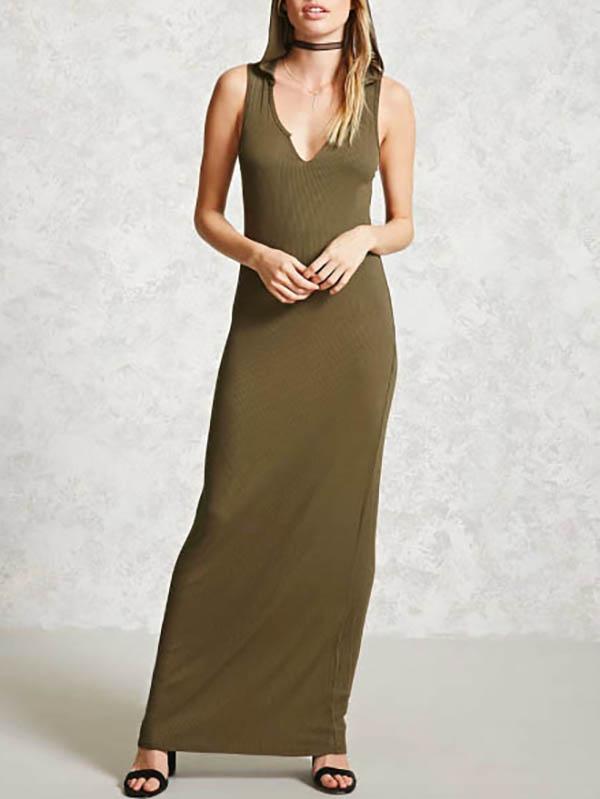 Hooded Sleeveless V-neck Maxi Dress