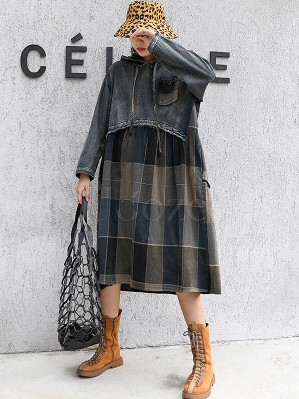 Vintage Plaid Split-joint Hoodie Midi Dress