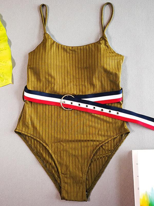 Plain Striped Belt One-piece Swimwear