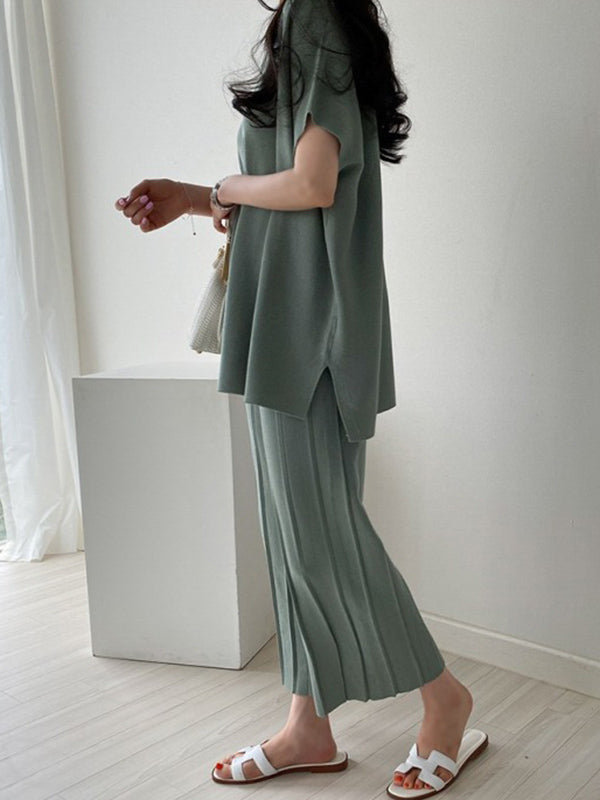 Casual Solid Color Split-Side Round-Neck Batwing Short Sleeves T-Shirt+Pleated Wide Leg Pants 2 Pieces Set