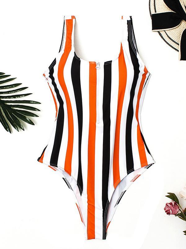 Striped Zipper Backless One-piece Swimwear