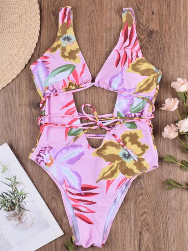 Sexy Deep V-Neck  Mosaic Printing Hollow Bandage Swimwear